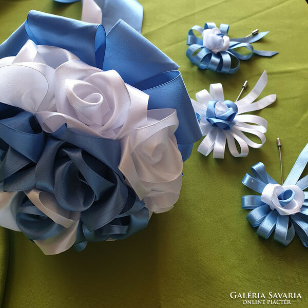 Wedding mcs13 - bridal bouquet, 3 groom's pins - blue satin rose set