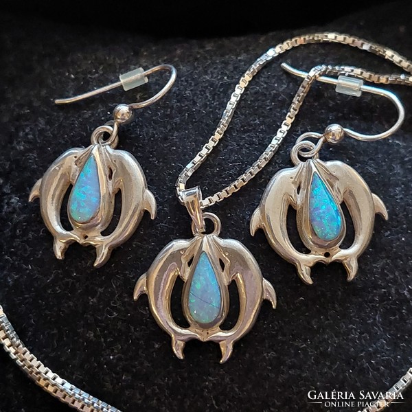 Ted there silver dolphin opal jewelry set, earrings and pendant, on a Venetian cube style chain