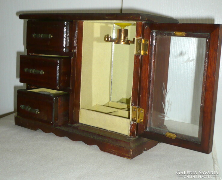 Old wooden display case for jewelry, with drawers, glass door, mirror, 17x21x10 cm.