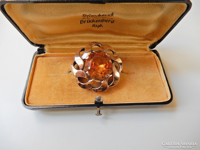 Antique French gold-silver brooch with a large citrine stone