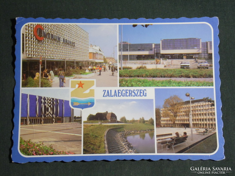 Postcard, Zalaegerszeg, mosaic details, center store, zte sports hall, public school, swimming pool