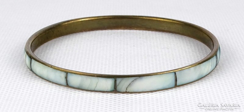 1Q254 old mother-of-pearl inlaid copper bracelet 7 cm