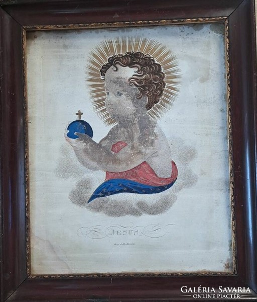 Barokk régi kegykép keretben: Kis Jézus