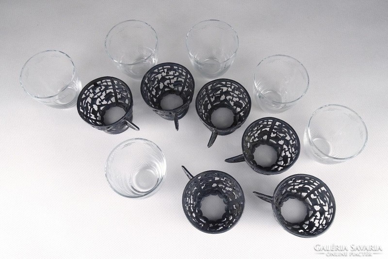 1Q260 set of 6 silver-plated metal glasses with old applied art glass inserts