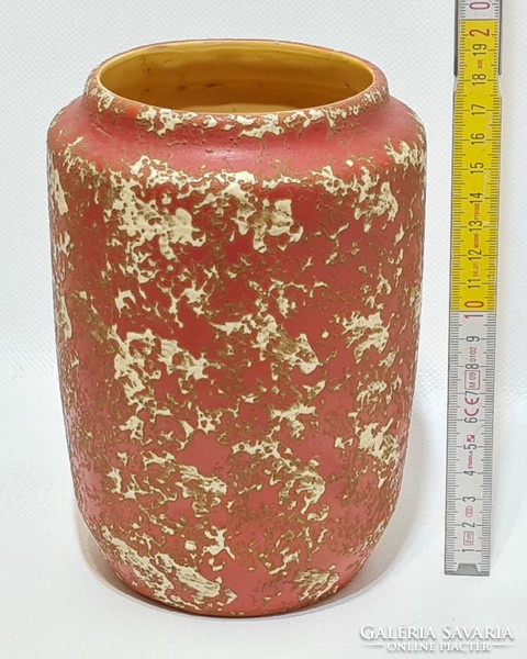 Tófej, fröcskölt fehér mázfoltos, piros mázas, szélesszájú henger kerámia váza (2925)