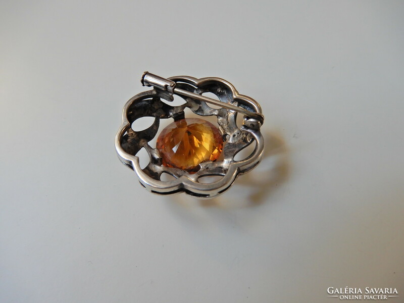 Antique French gold-silver brooch with a large citrine stone