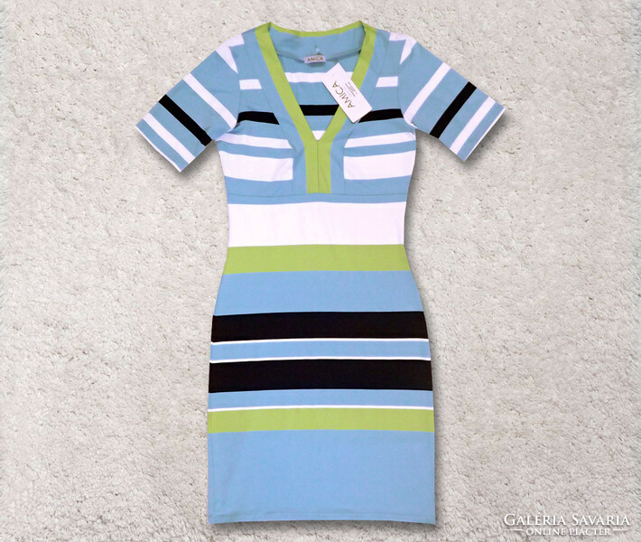 New, label, amica brand, flexible, elastic material, striped dress, size S