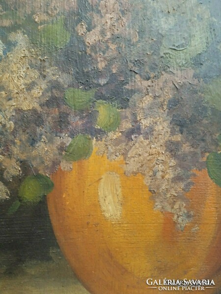 Antik festmény: Orgonacsendélet vázában  Olaj, festőkarton 50 x 40 cm  Dekoratív mű