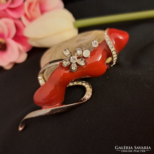 Fire enamel and zircon brooch 5 cm