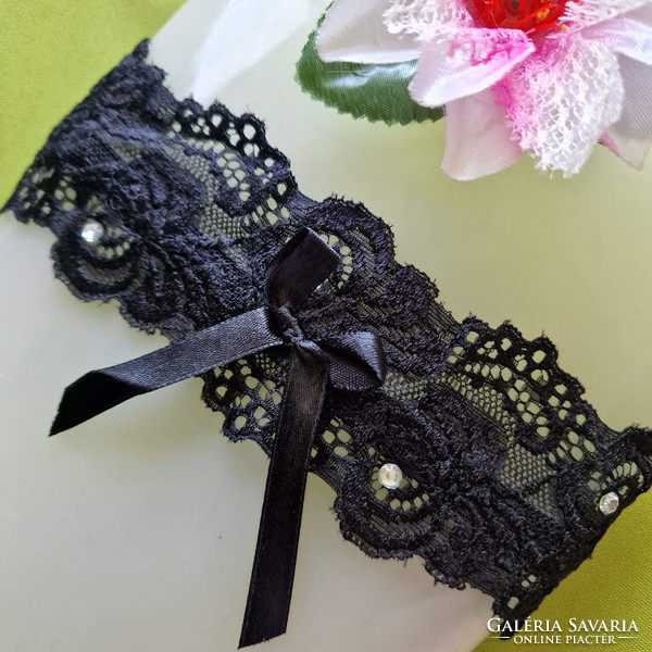 Wedding hak55 - 65mm black rhinestone lace garter, thigh lace