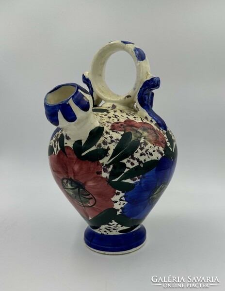 Spanish botijo cobalt blue and white floral double spout and handle pitcher