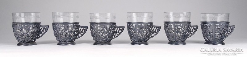 1Q260 Régi iparművészeti üvegbetétes ezüstözött fém pohár készlet 6 darab