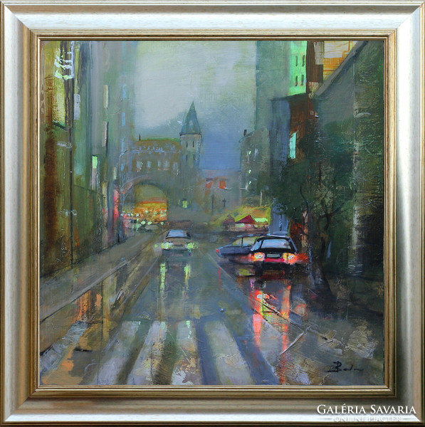 László Budai: Morning rain - framed: 72x72 cm - size of work: 60x60cm - 24/142h