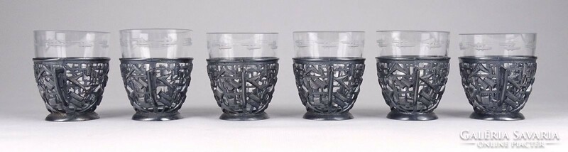 1Q260 set of 6 silver-plated metal glasses with old applied art glass inserts