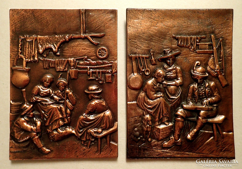 2 Pcs old vintage antique metal bronze embossed wall picture folk scene wall decoration hunter wall picture ornament plaque