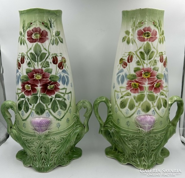 Art Nouveau faience table centerpiece and pair of vases Nimy Imperiale Royale, Belgium, circa 1910