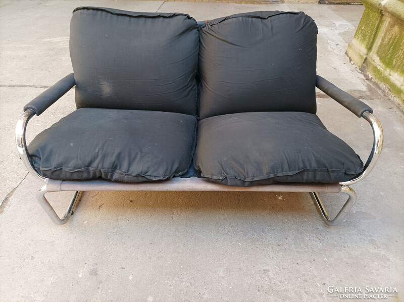 Scandinavian mid-century, chromed steel frame seating set, double sofa and armchairs