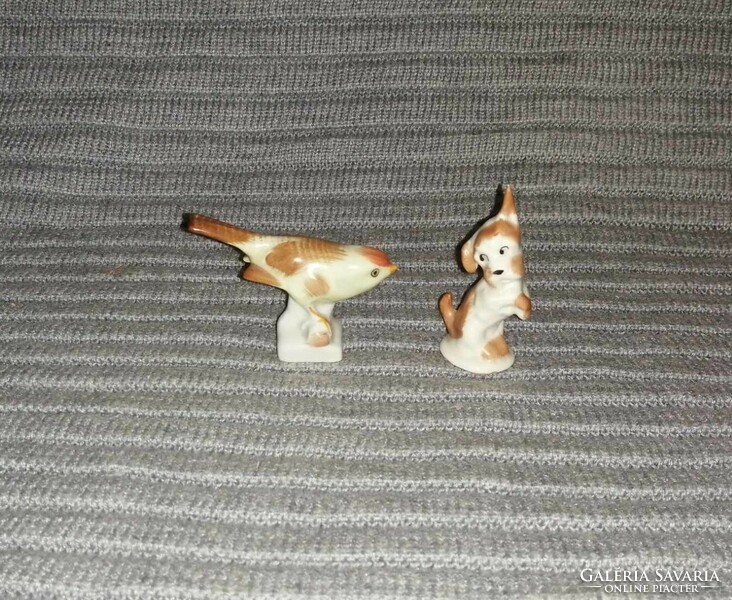 2 aquincum mini porcelain figurines in one, dog, bird (1)