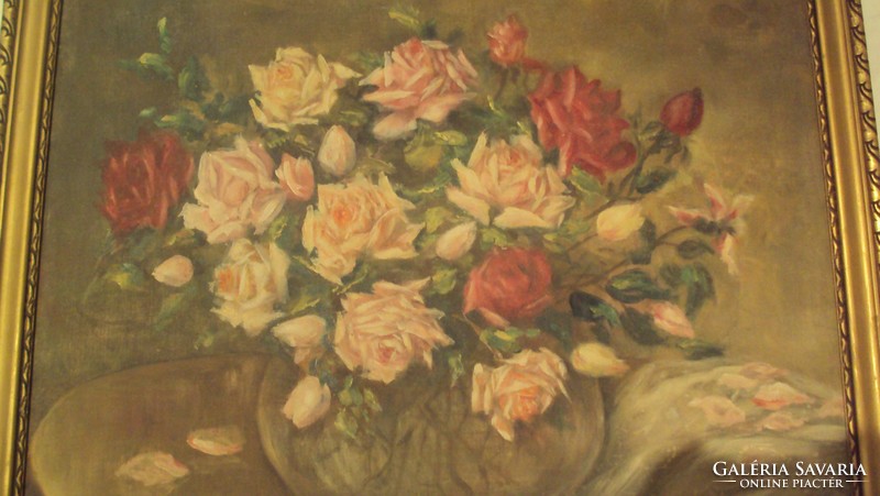 Antique signed rosy still life - oil painting on canvas, original old carved frame.