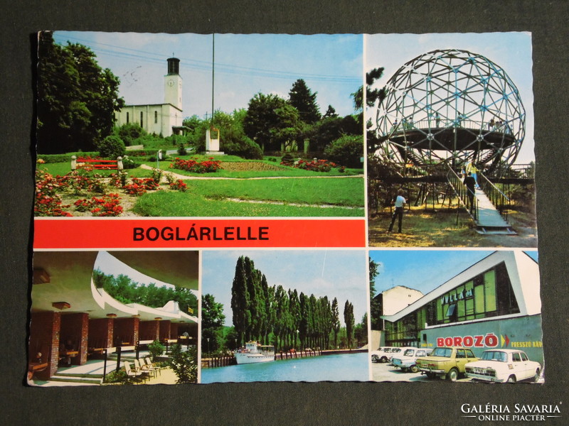 Postcard, Boglárlelle mosaic details, spherical observatory, church, monument, lightning wine restaurant, boat harbor