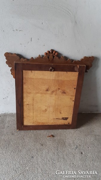 Folk, handmade, 33x38 cm mirror, with a carved, defective wooden frame