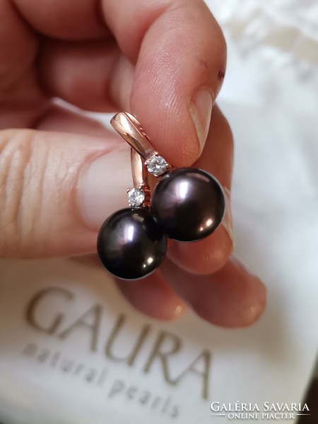 Rose gold-plated silver earrings with genuine black pearls