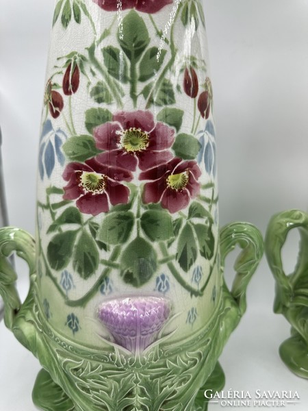 Art Nouveau faience table centerpiece and pair of vases Nimy Imperiale Royale, Belgium, circa 1910