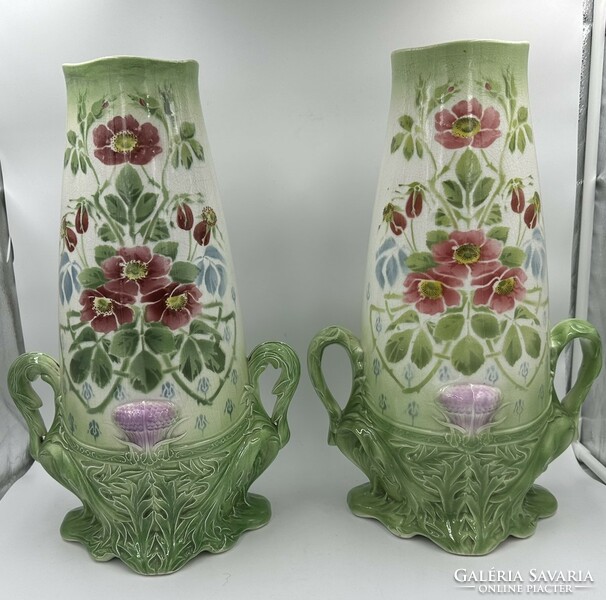 Art Nouveau faience table centerpiece and pair of vases Nimy Imperiale Royale, Belgium, circa 1910