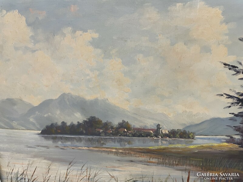 Antik osztrák festmény tájkép tó part blondel keretben