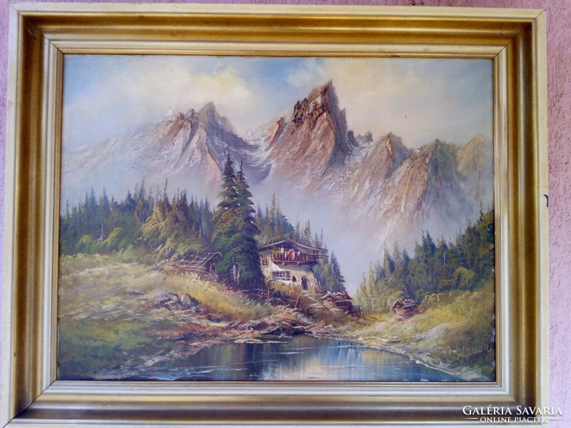 Stream in the southern dolomites, romantic landscape from Germany signed on oil canvas, framed