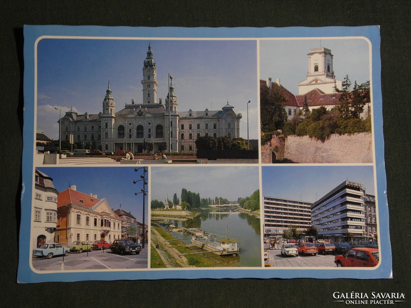 Képeslap,Győr mozaik részletek, városháza,Apátúr-Ház,Duna  Rába összefolyása Cziráky-obeliszk,hotel