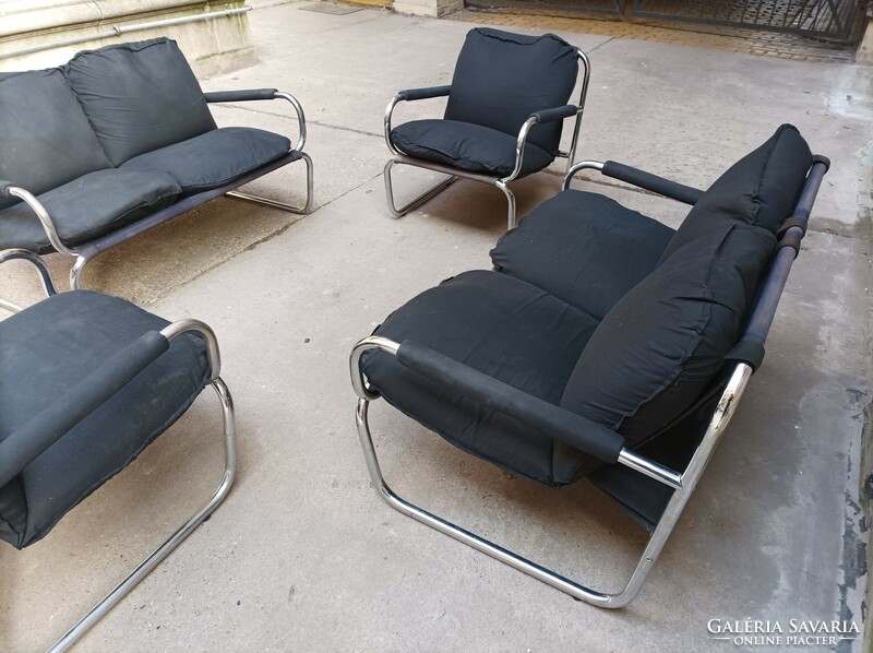 Scandinavian mid-century, chromed steel frame seating set, double sofa and armchairs