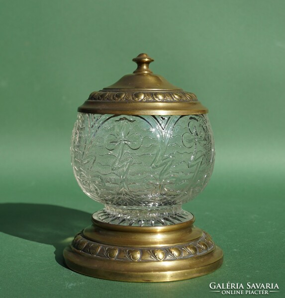 Antique marked art nouveau glass and copper sugar bowl with lid