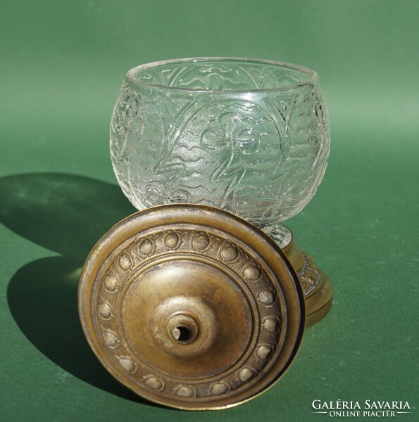 Antik jelzett szecessziós üveg és réz fedeles cukortartó bonbonier