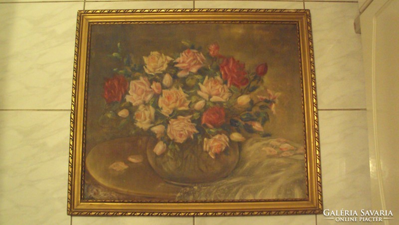 Antique signed rosy still life - oil painting on canvas, original old carved frame.