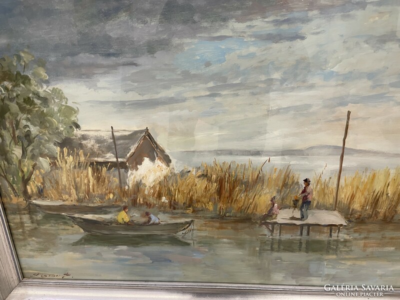 Kloton Péter Balaton stégen horgászók csónak vízpart tájkép festmény