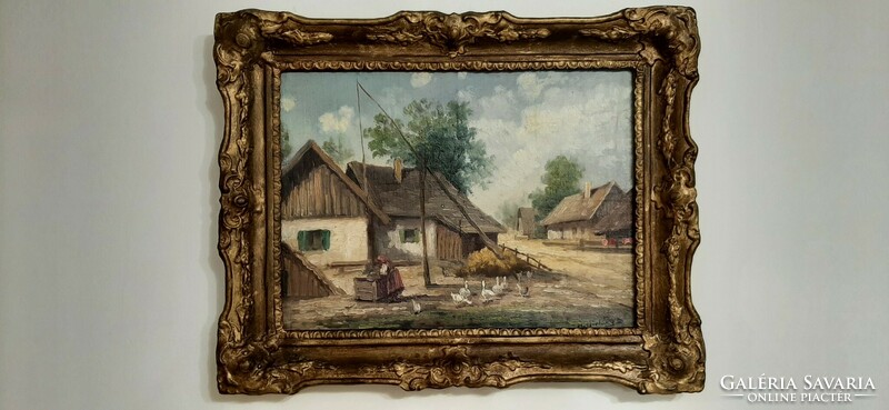 Mesterházy Dénes, parasztházak,gémeskúttal és libákkal, 38x28