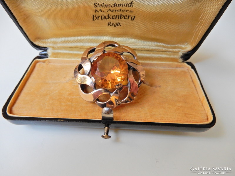 Antique French gold-silver brooch with a large citrine stone