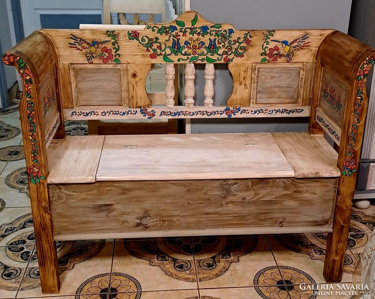 Folk painted wooden chest with arms, chest of arms, wooden bench with opening arms storage bench horse