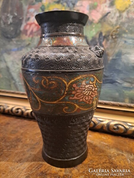 Antique Meiji bronze champleve enamel vase 1880