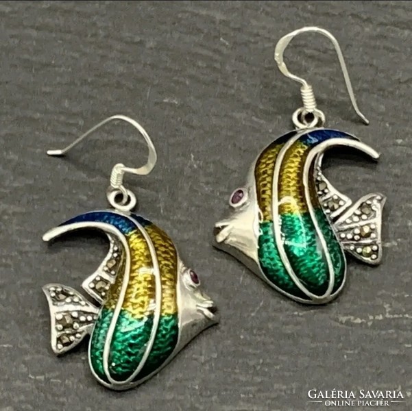 Fabulous fish-shaped ruby, marcasite gemstone sterling silver /925/ ear-pendant/ brooch set ii.- New