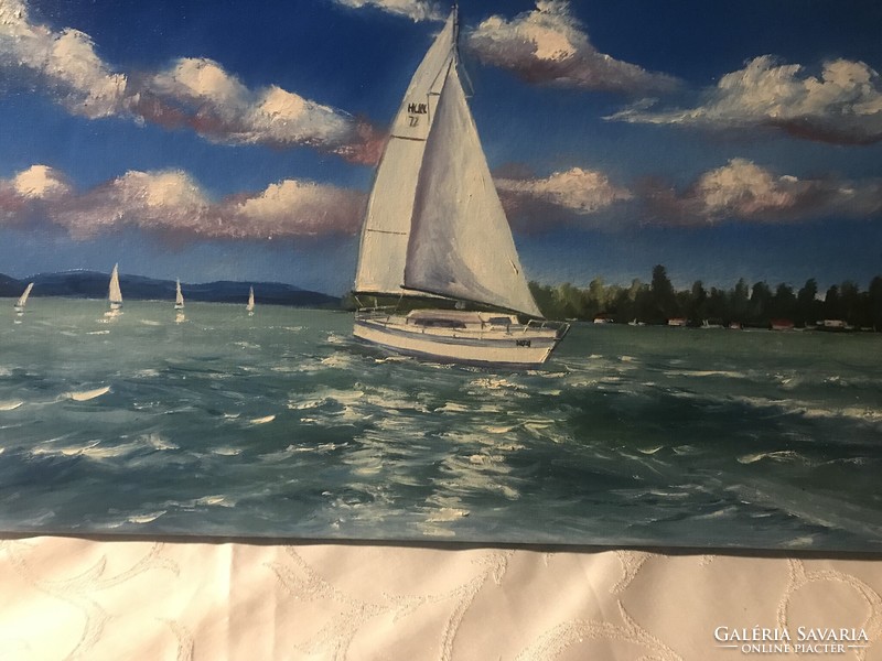 Papp elf: Balaton sailboats, oil painting 30 x 60 cm