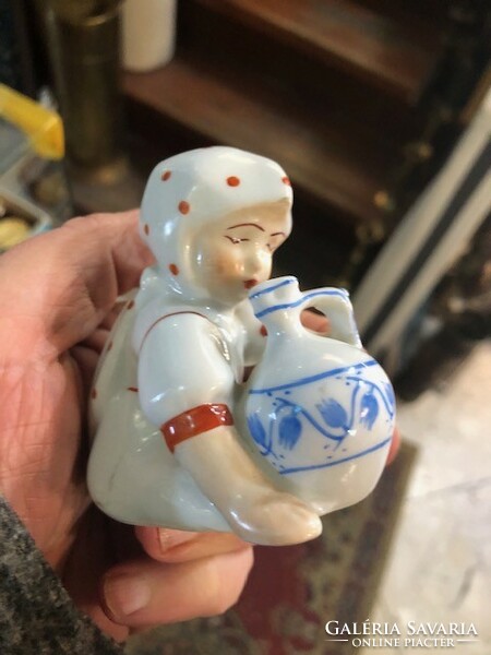 Zsolnay little girl with a jug, hand painted, marked, flawless, m: 8 cm