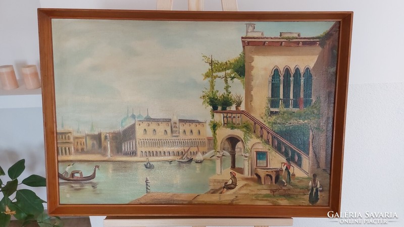 Gyönyörű velencei városrészlet festmény 77x53 cm kerettel.