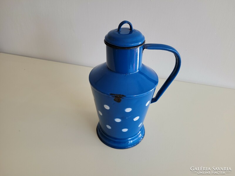 Old vintage 2 liter polka dot blue enameled small jug. Enameled 2 l water jug
