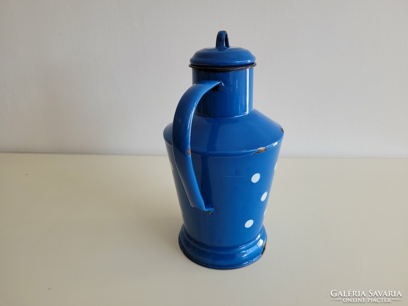 Old vintage 2 liter polka dot blue enameled small jug. Enameled 2 l water jug