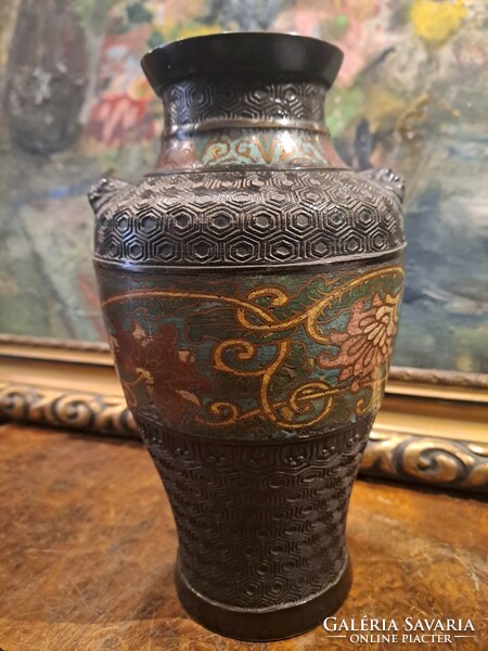 Antique Meiji bronze champleve enamel vase 1880