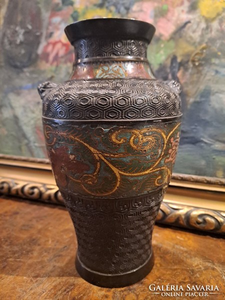 ANTIK MEIJI BRONZ CHAMPLÉVE ZOMÁNC VÁZA 1880