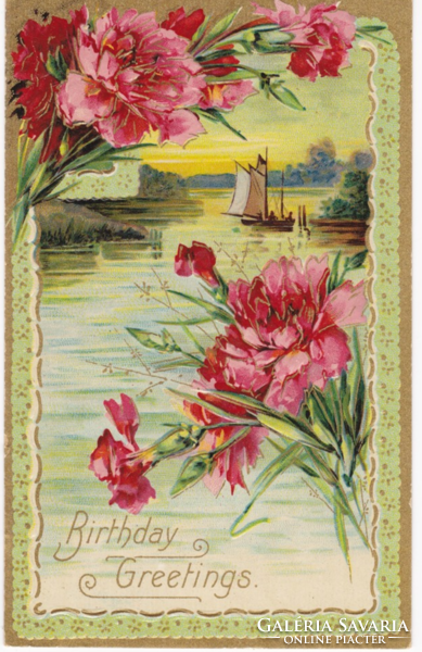 Virágok a tóparton - aranyozott dombornyomásos képeslap