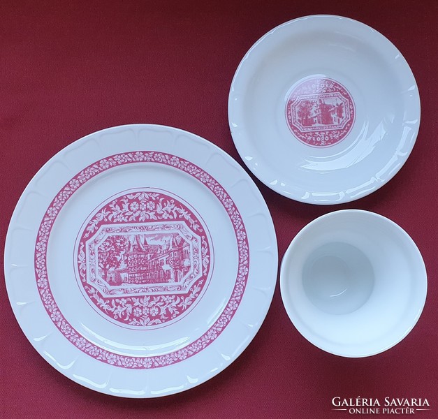 Heinrich Rüdesheim német porcelán látképes reggeliző szett csésze csészealj kistányér tányér